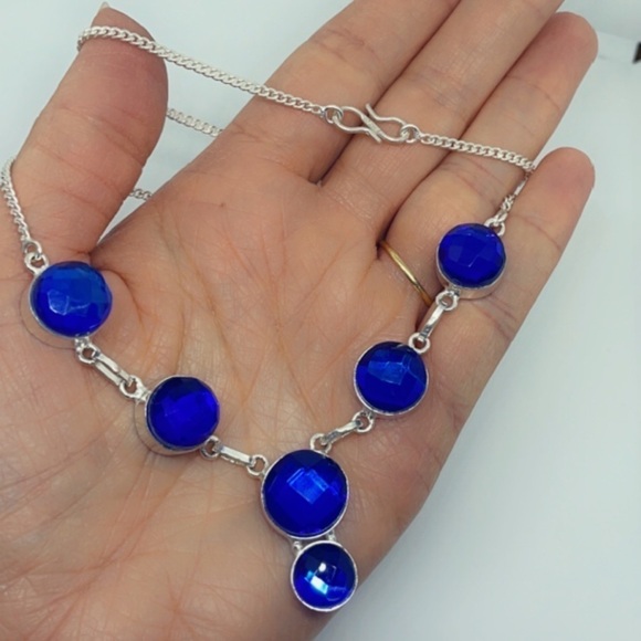 Sterling Silver Blue Faceted Gem Necklace – Artisan Made, 18” Statement - Picture 10 of 17